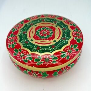 American Greetings Vintage 1986 Christmas Metal Tin Poinsettia Floral Red Green